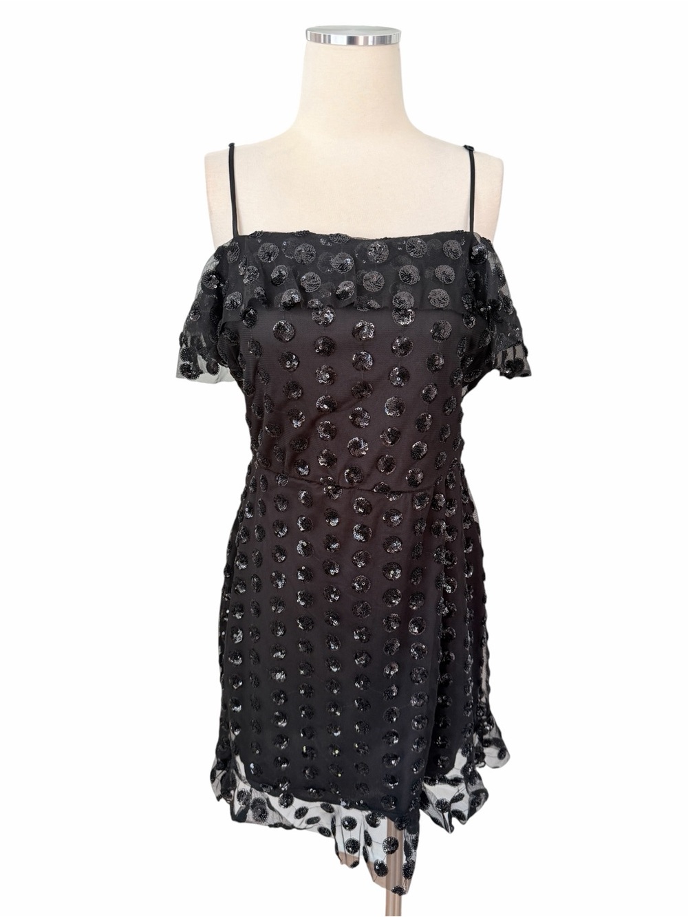 Three Pink Hearts Black Sequin Polka Dot Mesh Mini Dress Sz XL